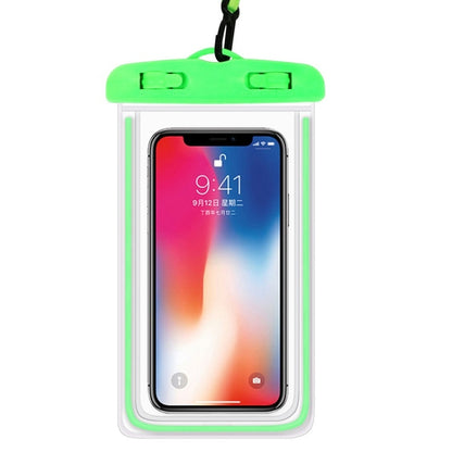 Green PVC waterproof mobile phone pouch with hanging lanyard and clear window