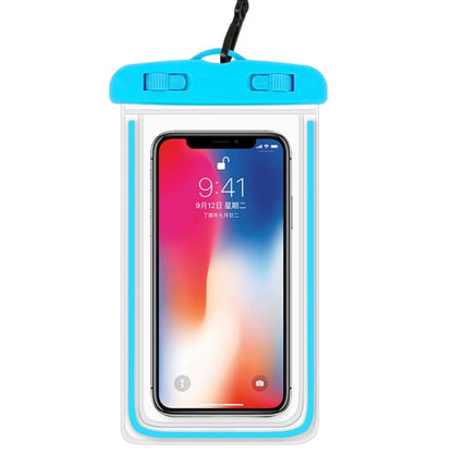 Blue PVC waterproof mobile phone pouch with hanging lanyard and clear window