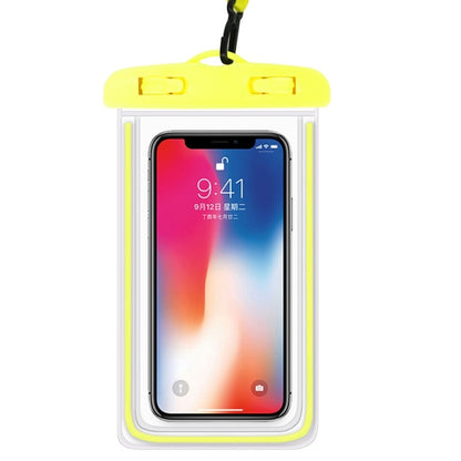Yellow PVC waterproof mobile phone pouch with hanging lanyard and clear window