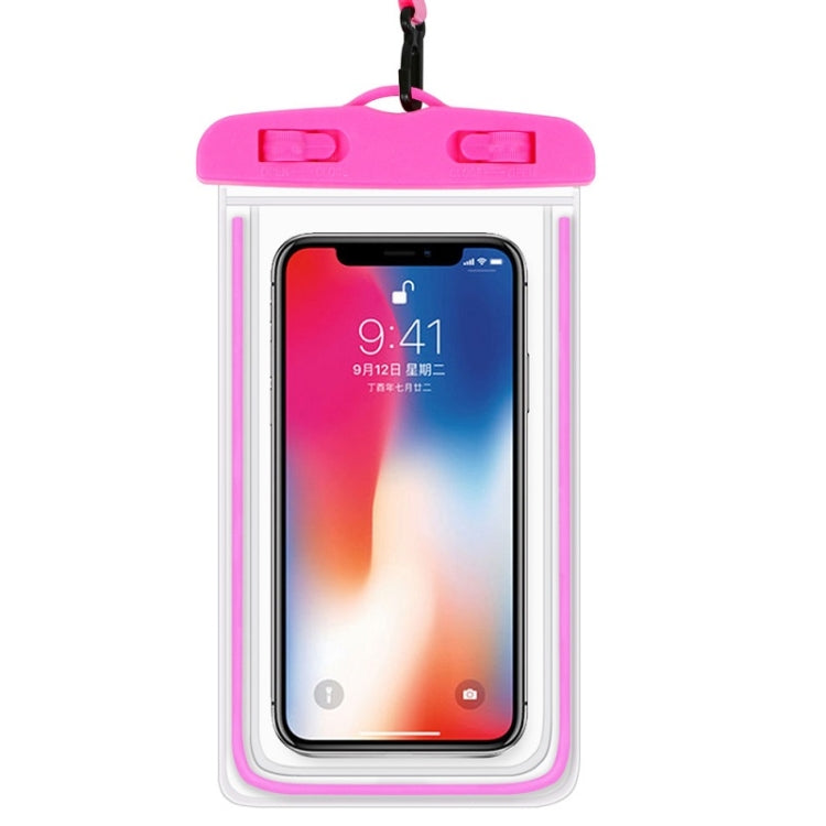 Pink PVC waterproof mobile phone pouch with hanging lanyard and clear window