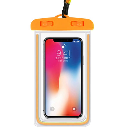 Orange PVC waterproof mobile phone pouch with hanging lanyard and clear window