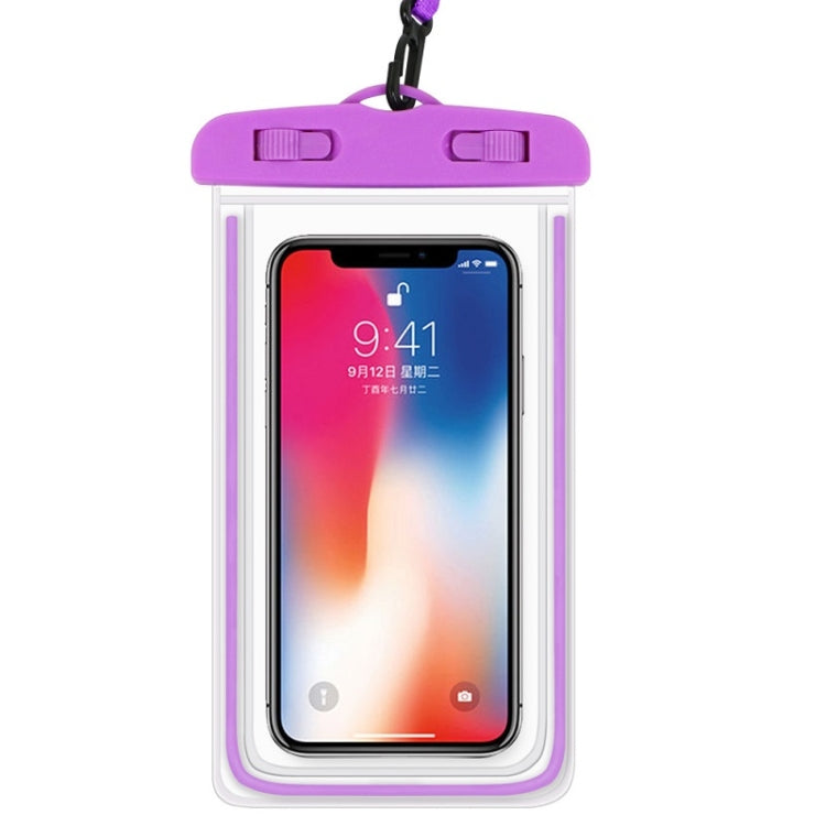 Purple PVC waterproof mobile phone pouch with hanging lanyard and clear window