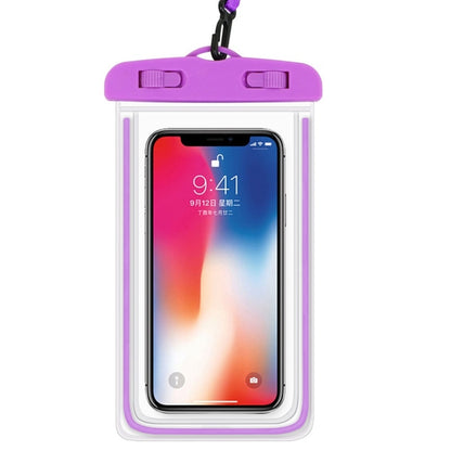 Purple PVC waterproof mobile phone pouch with hanging lanyard and clear window