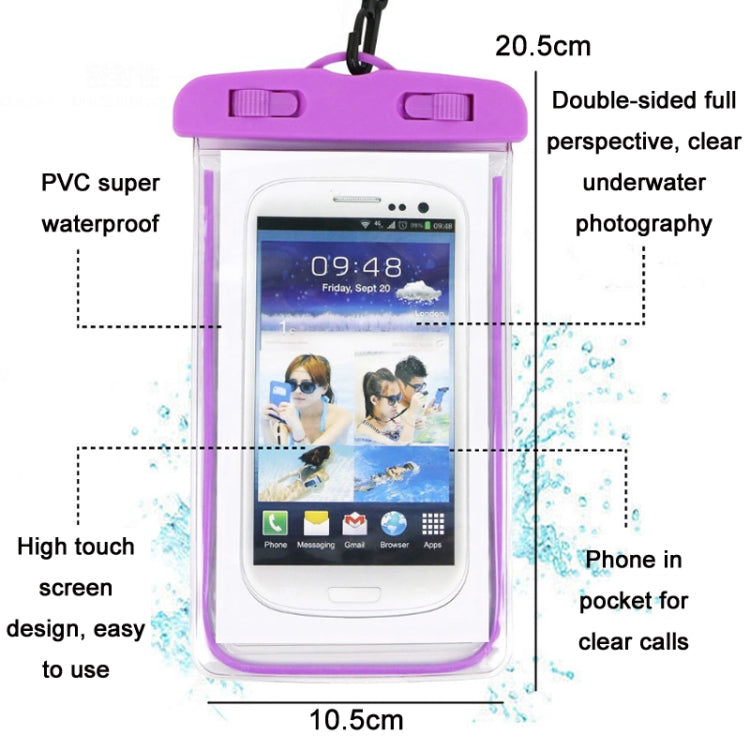 Purple transparent PVC waterproof phone pouch with hanging lanyard and clear screen cover