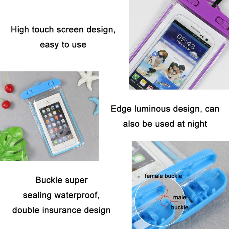 Waterproof PVC phone pouch with clear window, blue and purple, sealed buckle closure