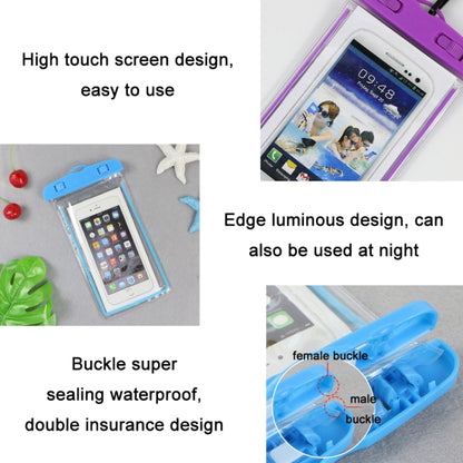 Waterproof PVC phone pouch with clear window, blue and purple, sealed buckle closure
