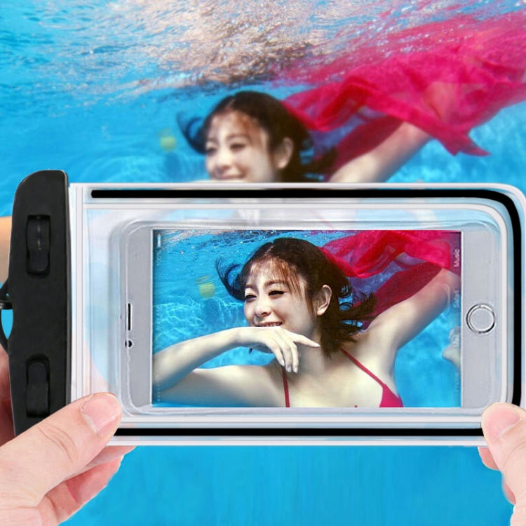 Sealed waterproof phone pouch with transparent touchscreen window, light blue border
