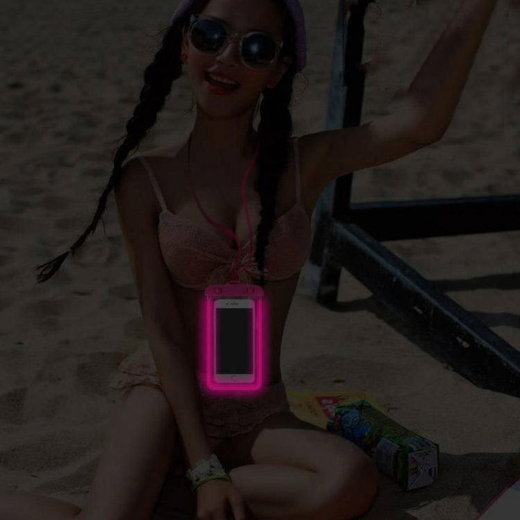 Luminous waterproof PVC phone pouch hanging on strap, pink glow, clear display window