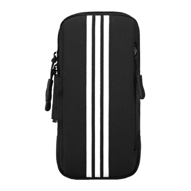 Black striped armband phone bag with zip closure and adjustable side strap