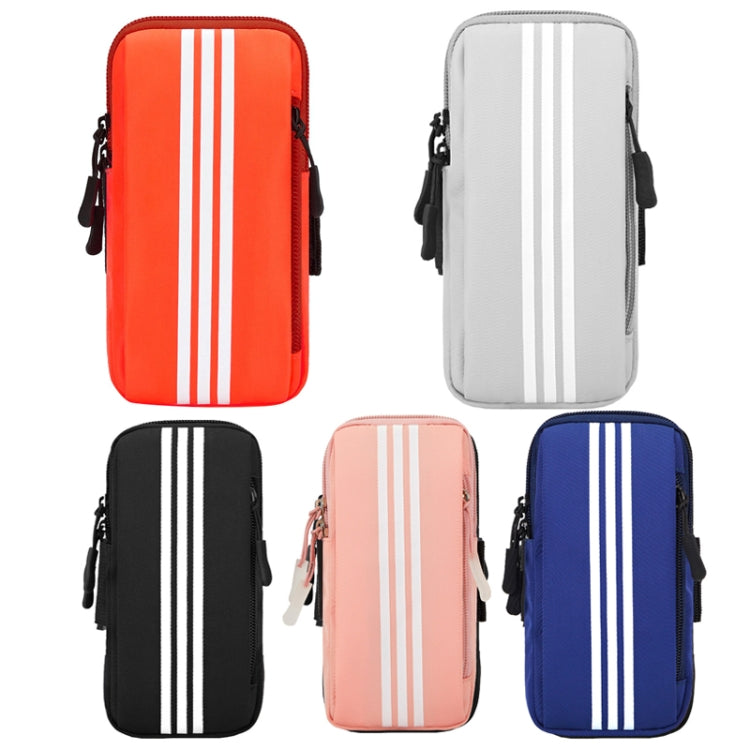 Striped armband phone bags in orange, gray, black, pink, and blue with zippers