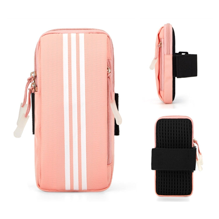 Pink striped armband phone bag with zip closure and side carrying loop