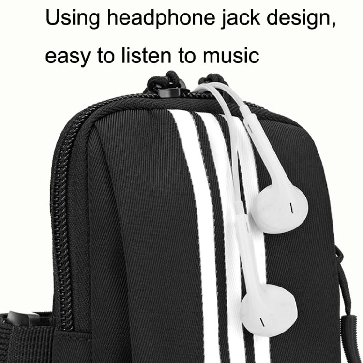 Black striped armband phone bag with headphone jack opening and zip closure
