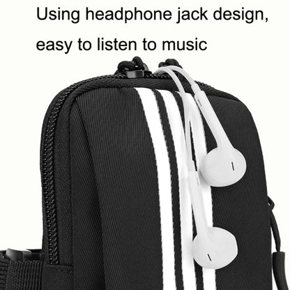 Black striped armband phone bag with headphone jack opening and zip closure