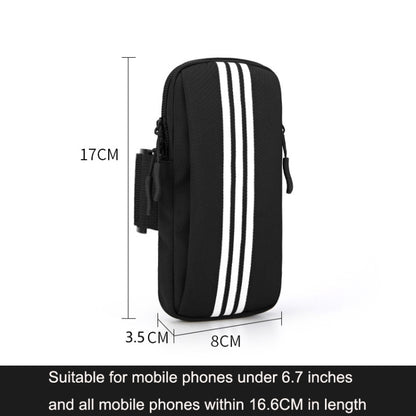 Black striped armband phone bag, front view with adjustable strap and zip top