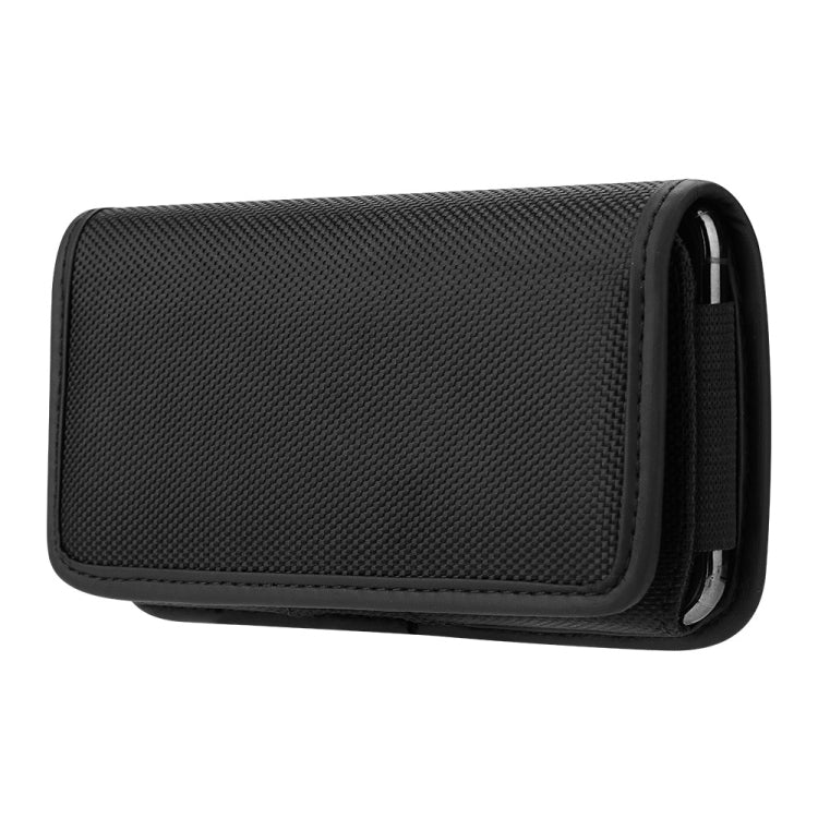 Black nylon universal phone case with textured surface and side belt loop