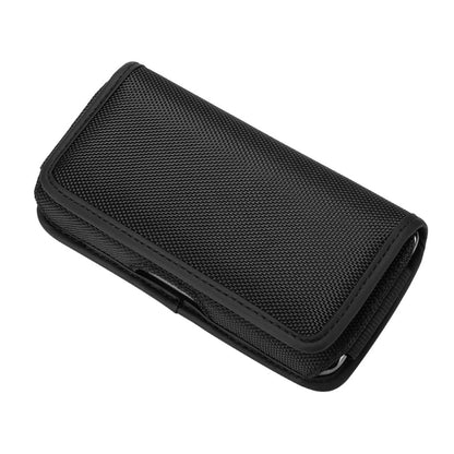 Black textured nylon phone case with curved flap and secure bottom edge