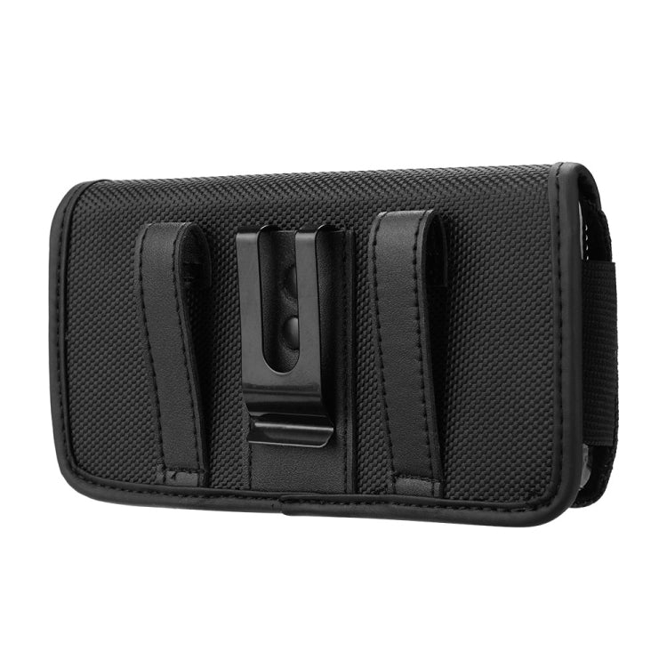 Black nylon phone case back with belt clip hardware and reinforced stitching