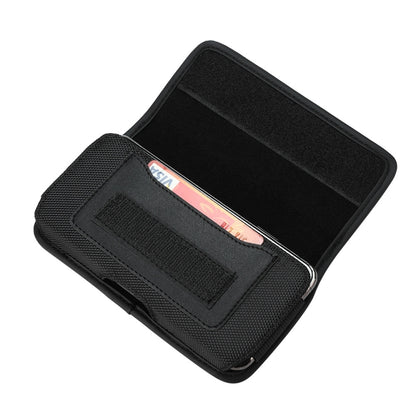 Black nylon phone case with open top window and built-in card holder pockets