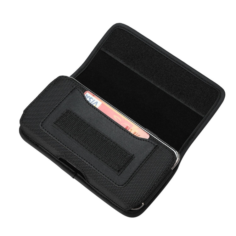 Black nylon phone pouch with flip front, card slots, and an open screen pocket