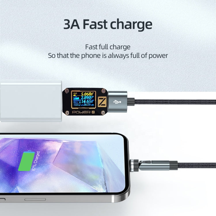 CC57 rotary magnetic fast charging data cable with USB-C plug connected to a phone