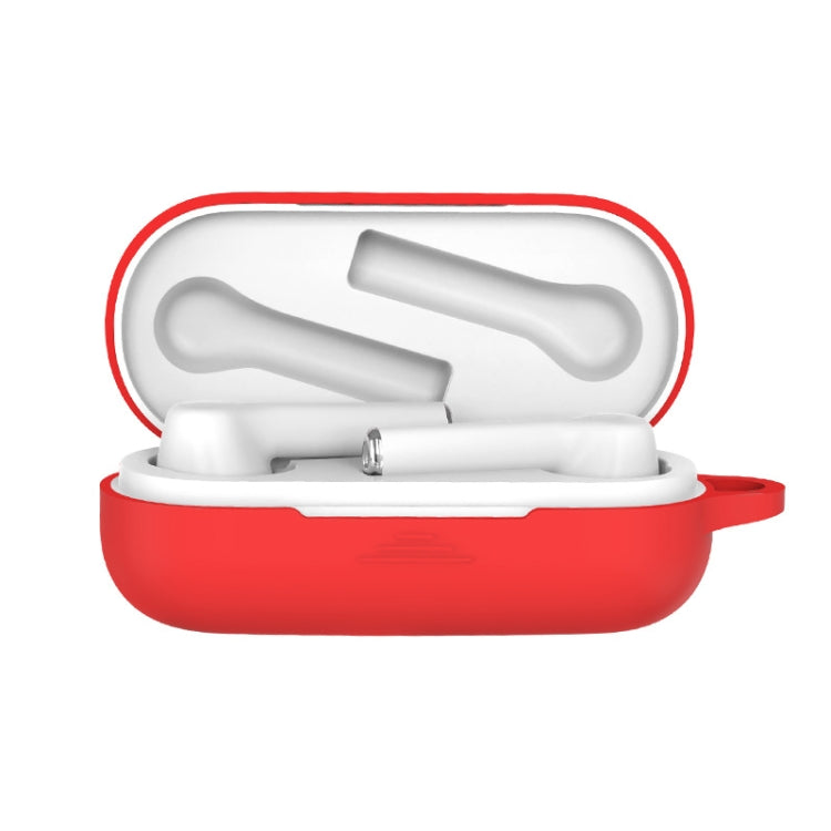 Red silicone protective case for Bluetooth earbuds, open with white earbuds inside