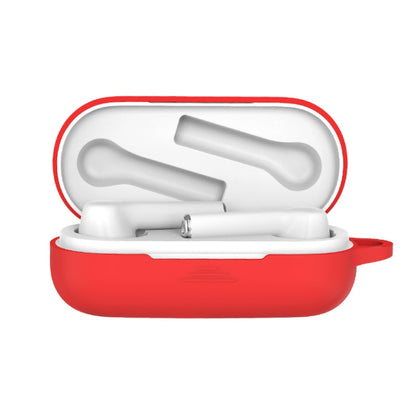 Red silicone protective case for Bluetooth earbuds, open with white earbuds inside