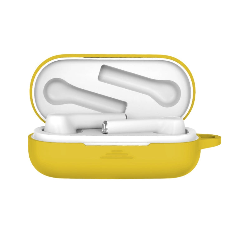 Yellow silicone protective case for Bluetooth earbuds, open with white earbuds inside