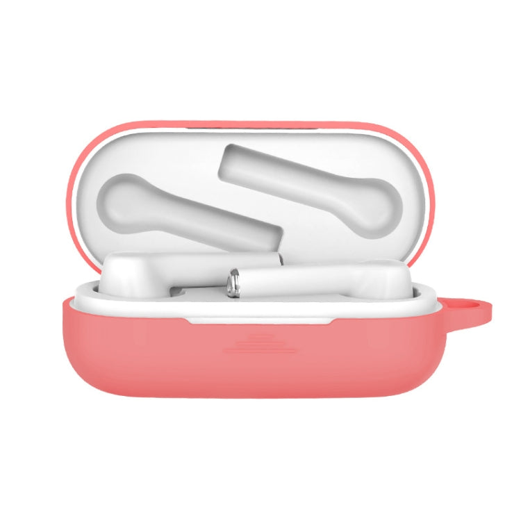 Pink silicone protective case for Bluetooth earbuds, open with white earbuds inside