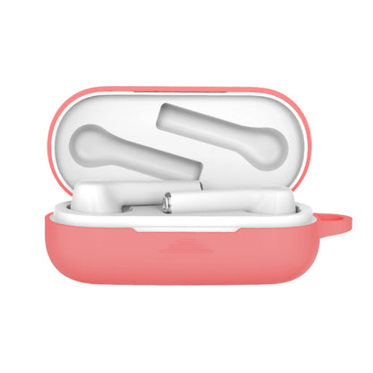 Pink silicone protective case for Bluetooth earbuds, open with white earbuds inside