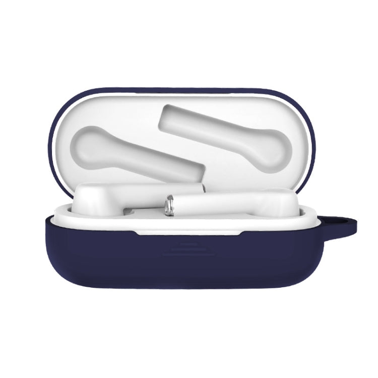 Navy silicone protective case for Bluetooth earbuds, open with white earbuds inside