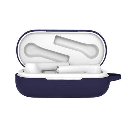 Navy silicone protective case for Bluetooth earbuds, open with white earbuds inside
