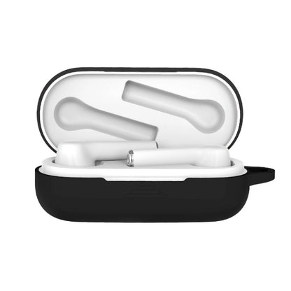 Black silicone protective case for Bluetooth earbuds, open with white earbuds inside