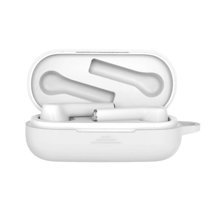 White silicone protective case for Bluetooth earbuds, open with white earbuds inside