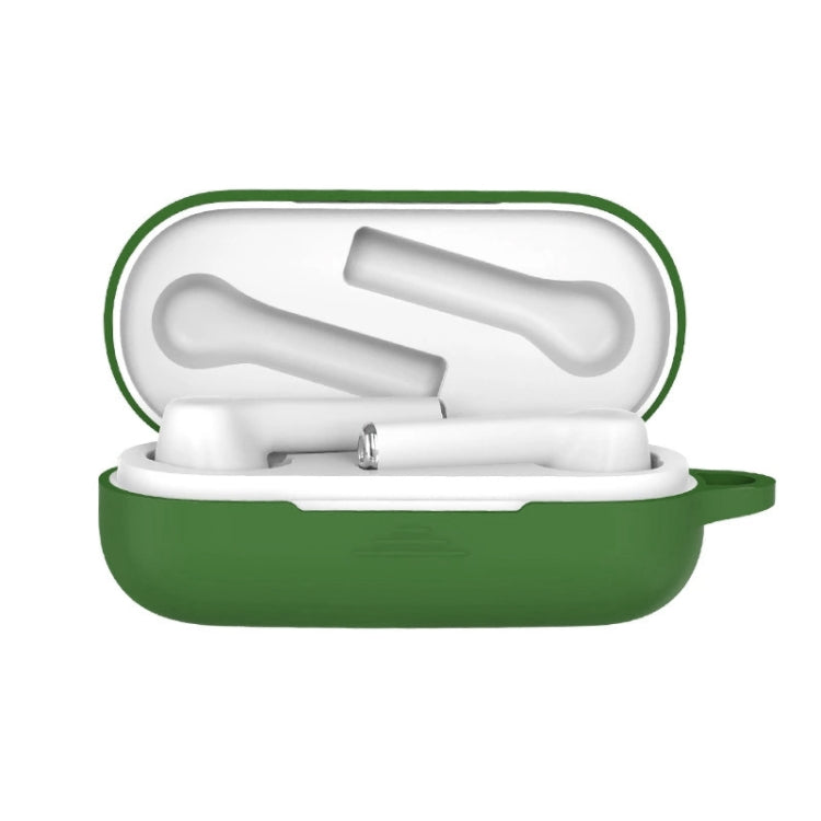 Grass green silicone protective case for Bluetooth earbuds, open with white earbuds inside