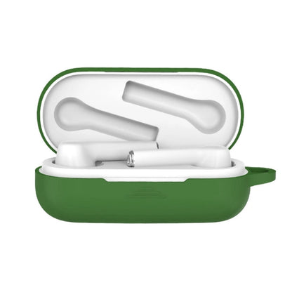 Grass green silicone protective case for Bluetooth earbuds, open with white earbuds inside