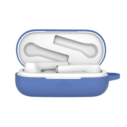 Gray blue silicone protective case for Bluetooth earbuds, open with white earbuds inside