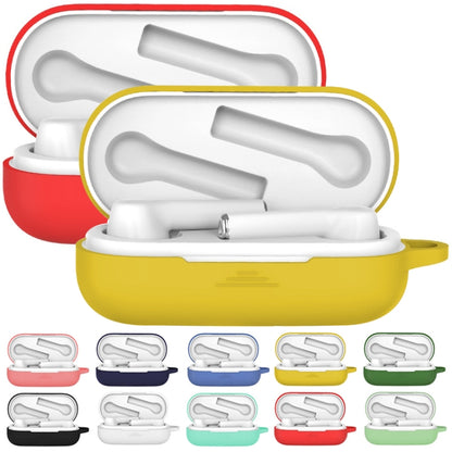 Red silicone protective earbud case with open lid and two earbuds inside