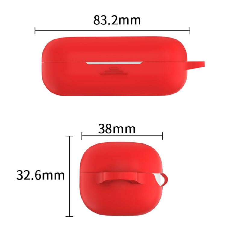 Red silicone earbud case with size dimensions and side opening view