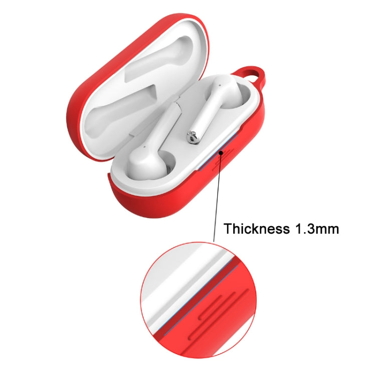Red silicone earbud case showing earbuds inside and slim charging slot