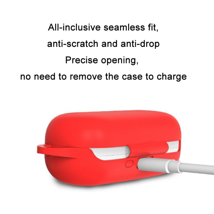 Red silicone earbud case with side charging opening and snap-closed lid