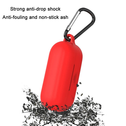 Red silicone earbud case with keyring and anti-drop protection graphic
