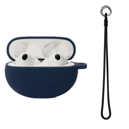 Navy silicone earbud case with open lid and black hand rope with metal ring.