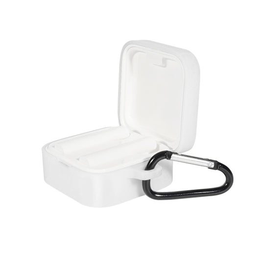 Silicone Bluetooth earphone charging case cover, white, open with black carabiner clip