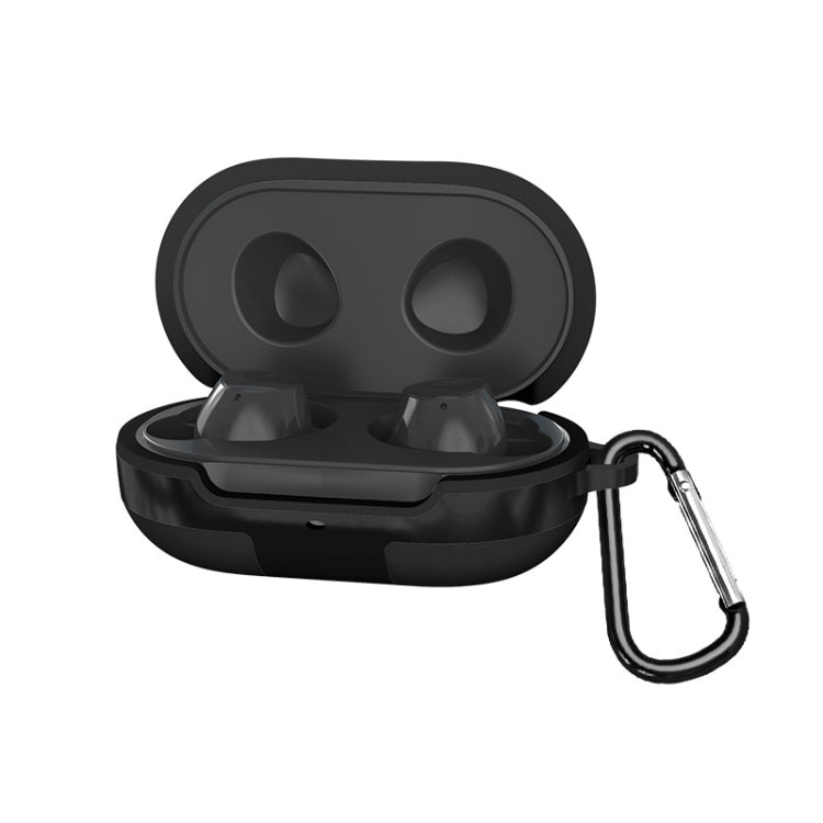 Black silicone protective case for wireless earbuds with open lid and carabiner clip