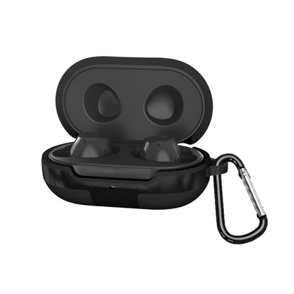 Black silicone protective case for wireless earbuds with open lid and carabiner clip