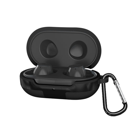 Black silicone protective case for wireless earbuds with open lid and carabiner clip