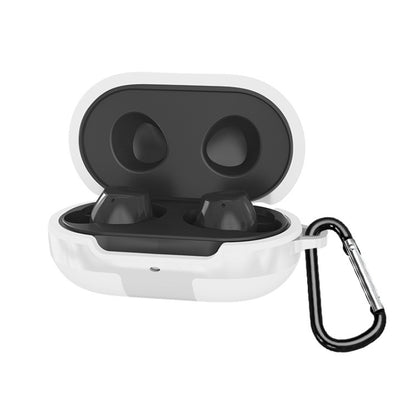 White silicone protective case for wireless earbuds with open lid and carabiner clip