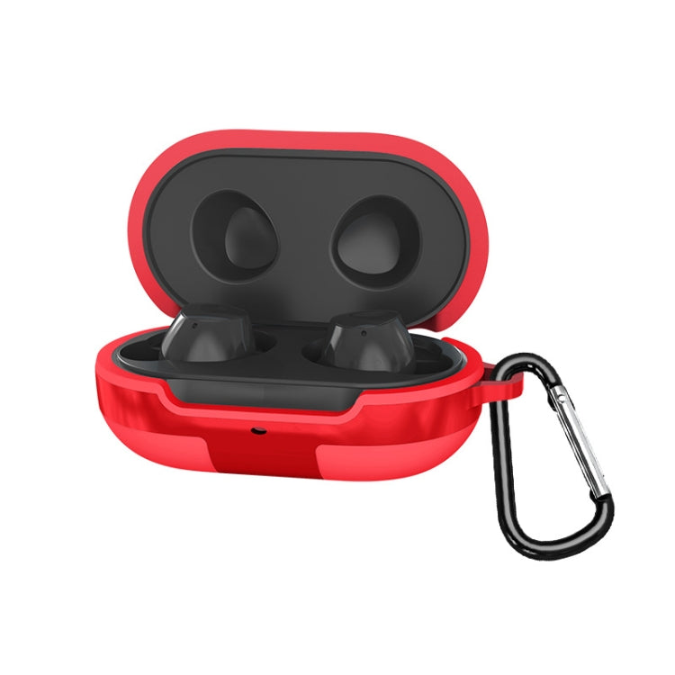 Red silicone protective case for wireless earbuds with open lid and carabiner clip