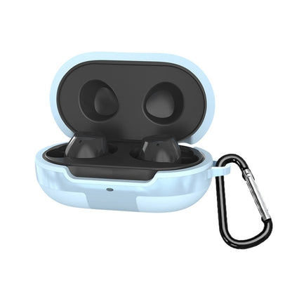Light blue silicone protective case for wireless earbuds with open lid and carabiner clip
