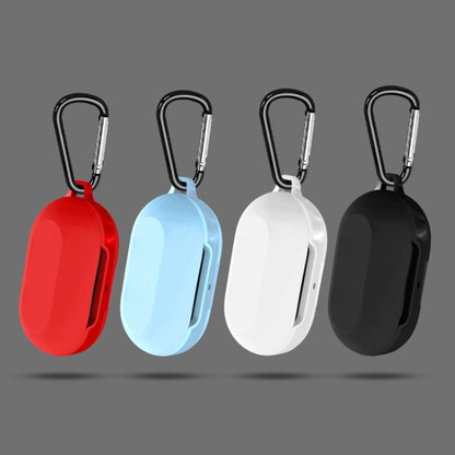Set of four silicone earbud cases in red, light blue, white, and black with clips